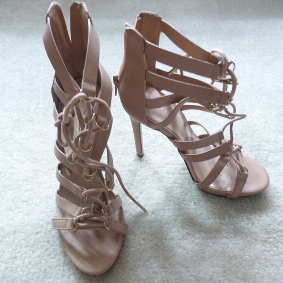 FOREVER 21 nude lace up strappy cage heels - Picture 1 of 8